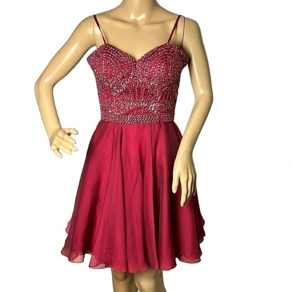 SHERRI HILL corset strapless flounce skater dress,rhinestones fit&flare,glam,red - Picture 3 of 16